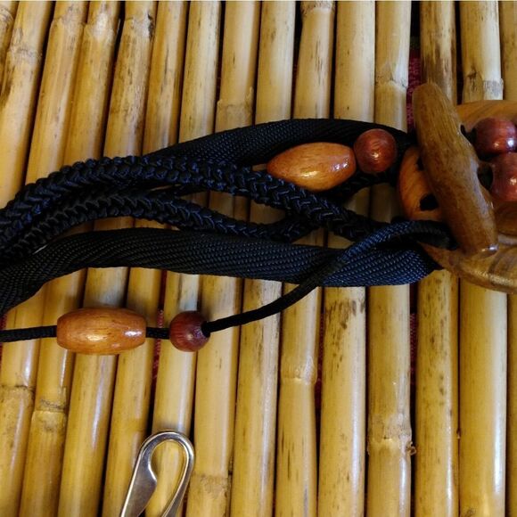 NWOT Black Weaved Strapped Fabric Belt Sliding Wood Beads Circle Center 30 in. - Picture 3 of 12